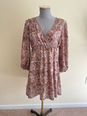 Max Studio Floral V-Neck Empire Waist Dress Deep V Ruffle Bohemian Romantic XS